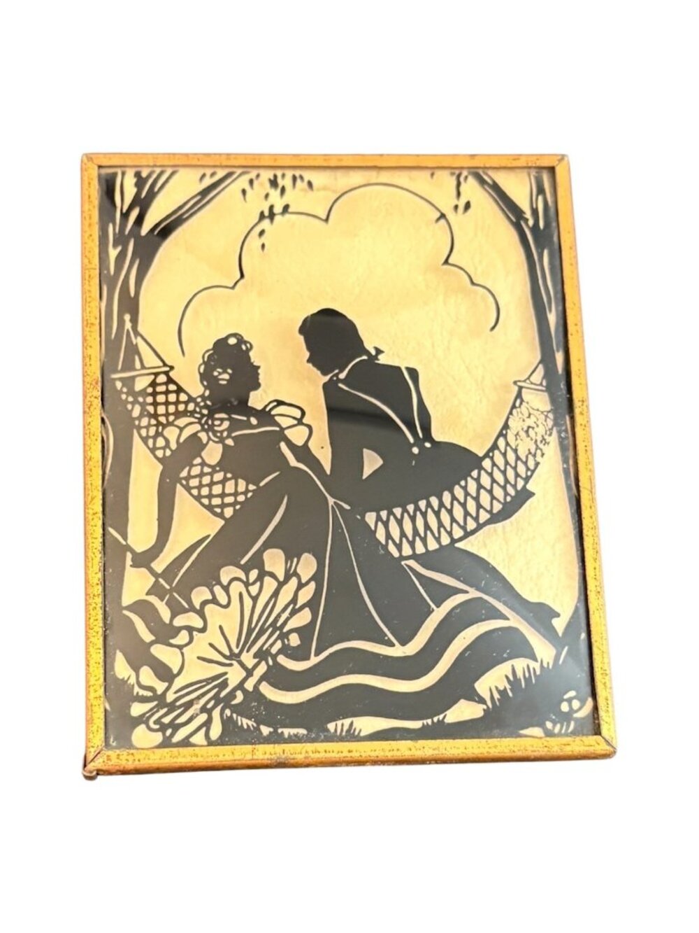Vtg Reverse Painted Silhouette Convex Bubble Glass Picture Courting Couple Art